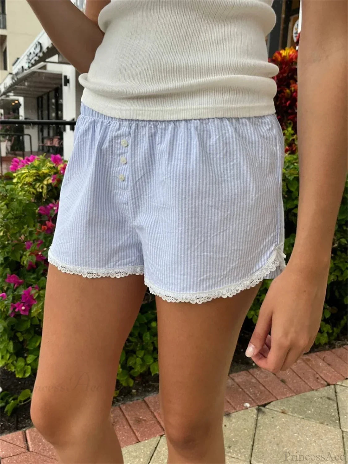 Striped Lace Trim Casual Short short-250223