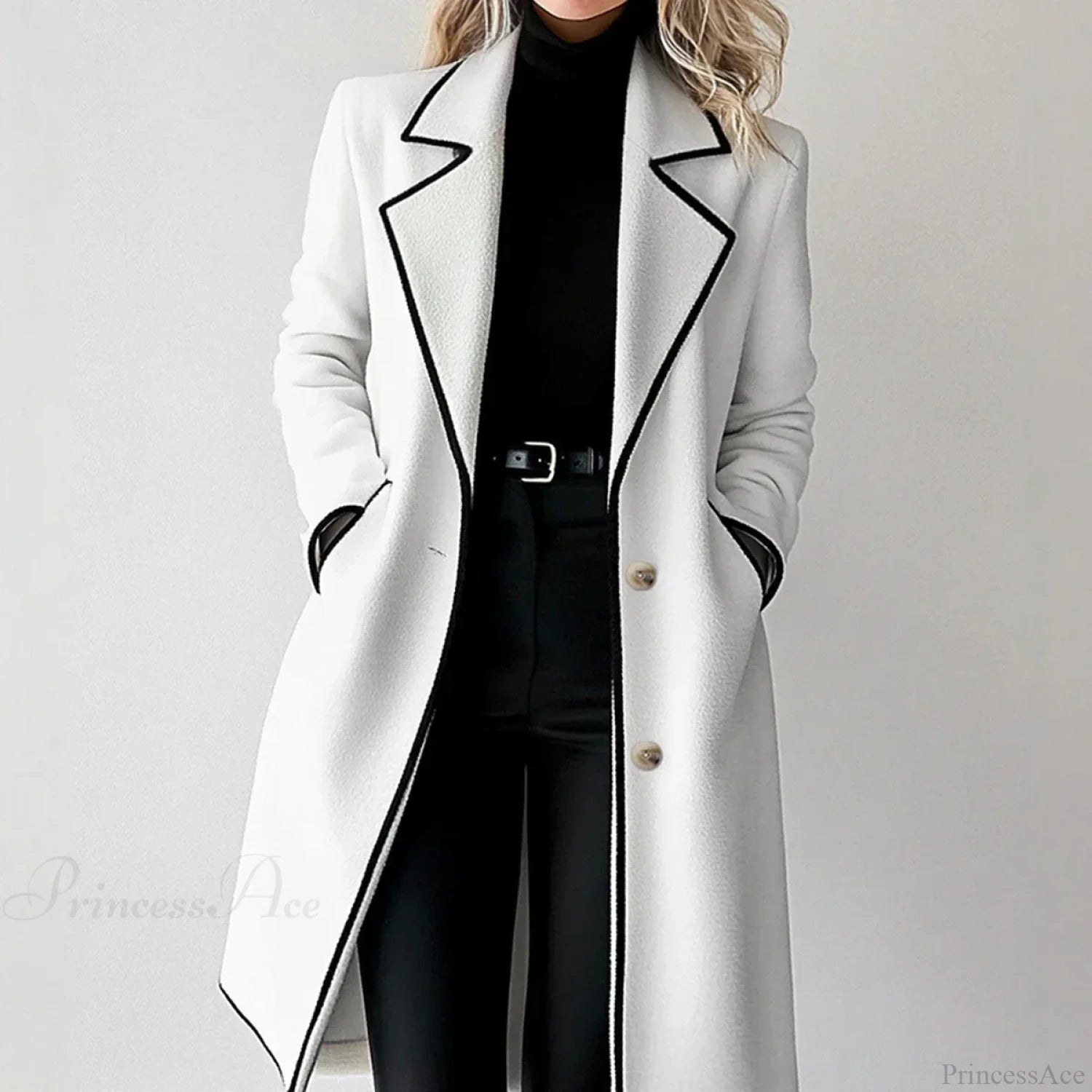 Striped Lapel Full Sleeve Woolen Overcoat White / S