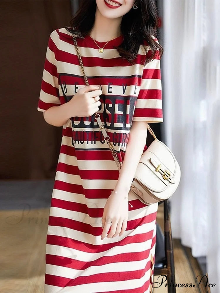 Striped Letter Print Long Shirt Dress Xl / Red Striped Cotton Shirt Dress