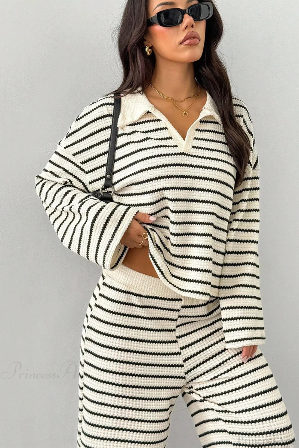 Striped Long Sleeve Pullover Wide Leg Two Piece Set