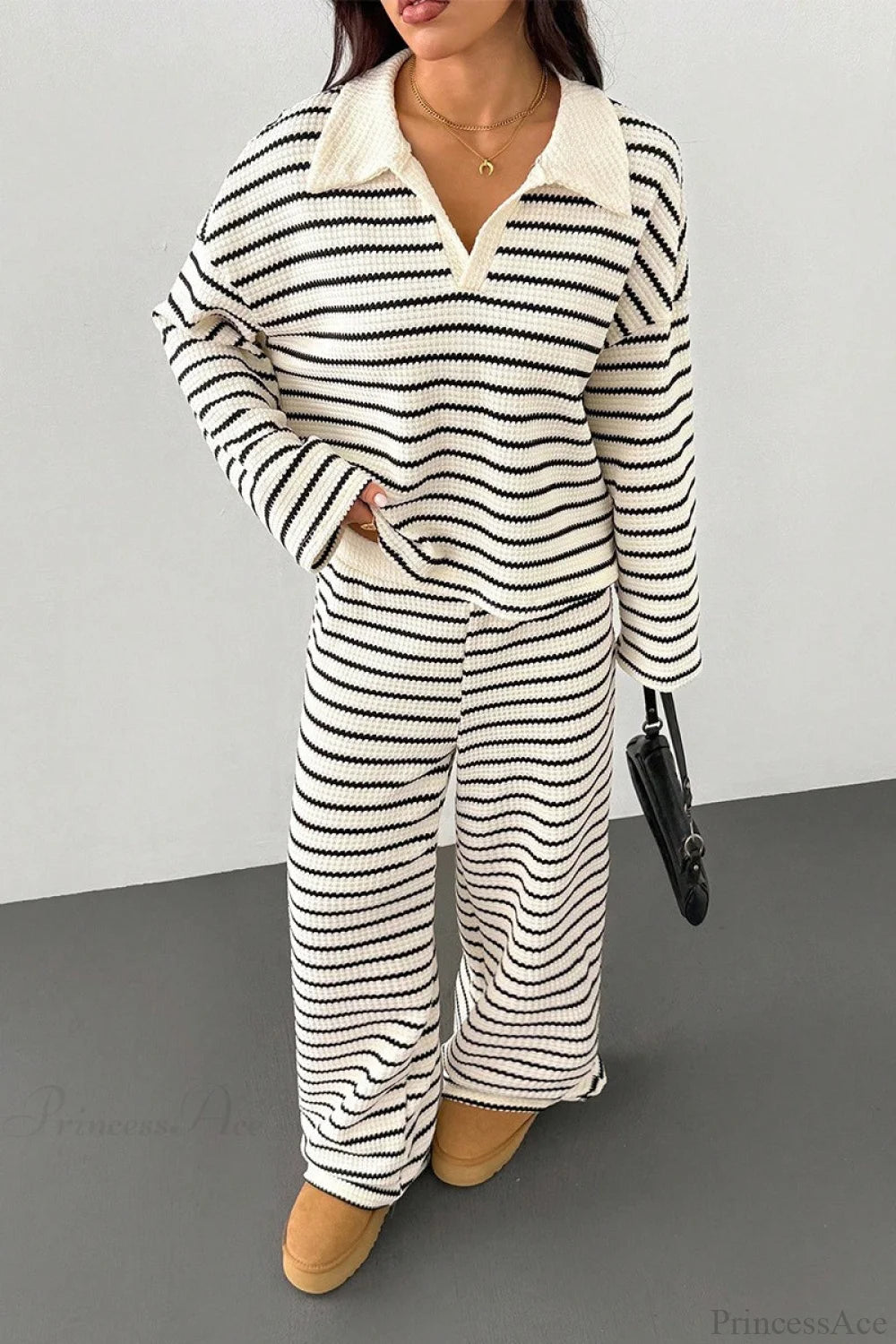 Striped Long Sleeve Pullover Wide Leg Two Piece Set