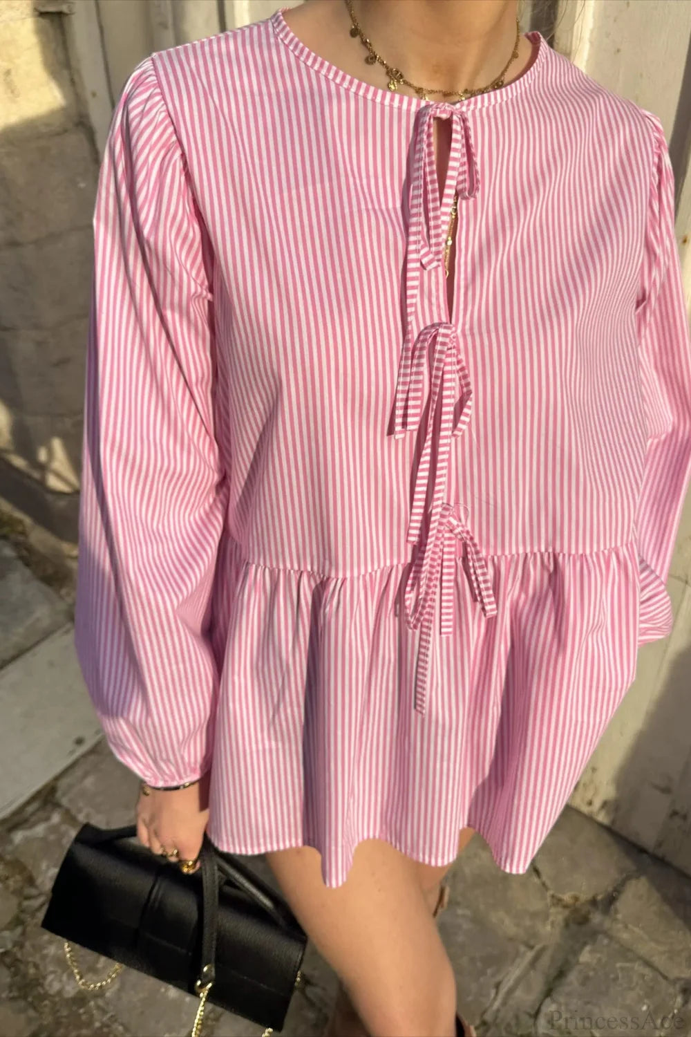 Striped Loose Fit Lace-Up Round Neck Blouse blouse-250126