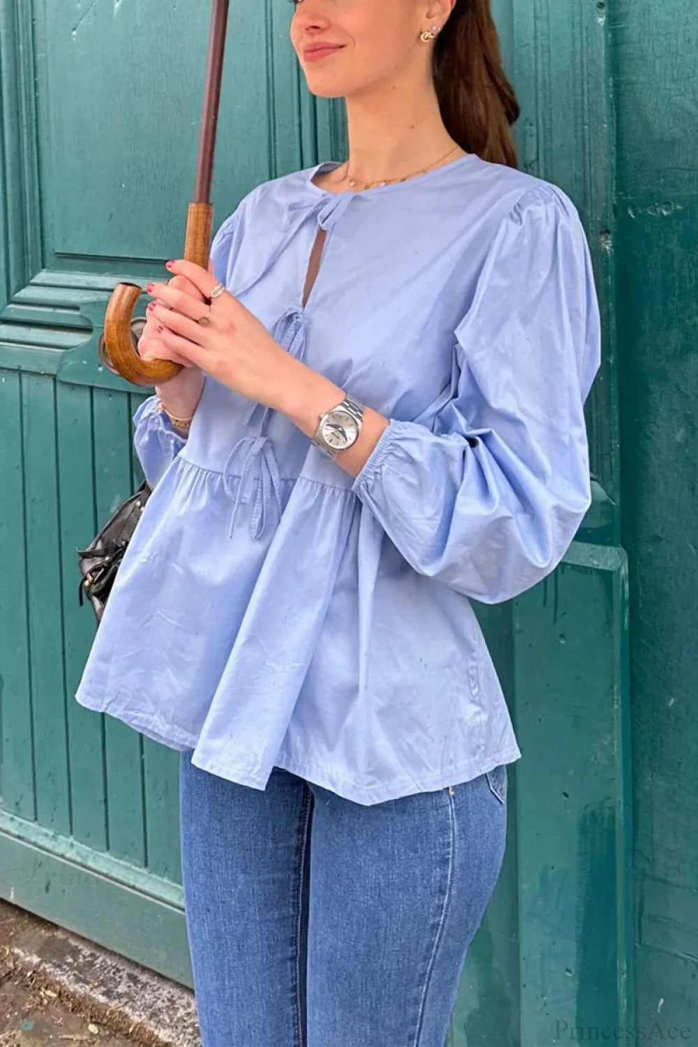 Striped Loose Fit Lace-Up Round Neck Blouse blouse-250126