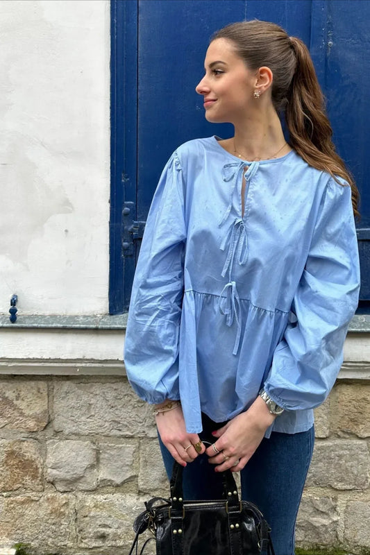 Striped Loose Fit Lace-Up Round Neck Blouse Blue / S blouse-250126