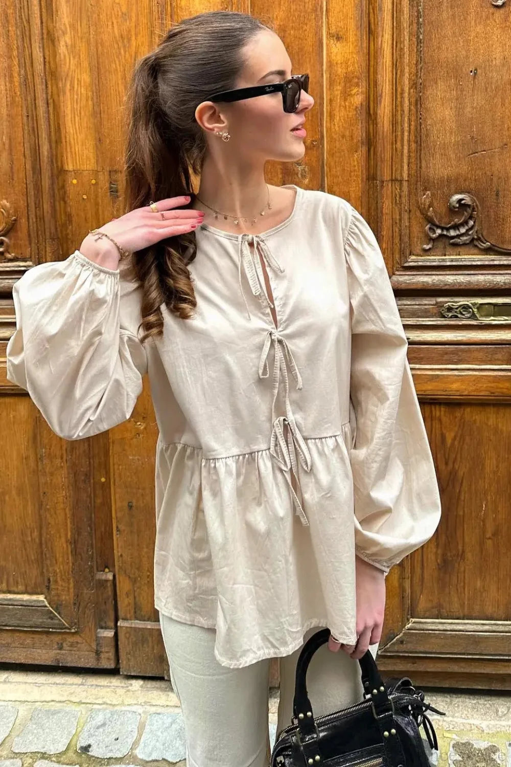 Striped Loose Fit Lace-Up Round Neck Blouse Khaki / S blouse-250126