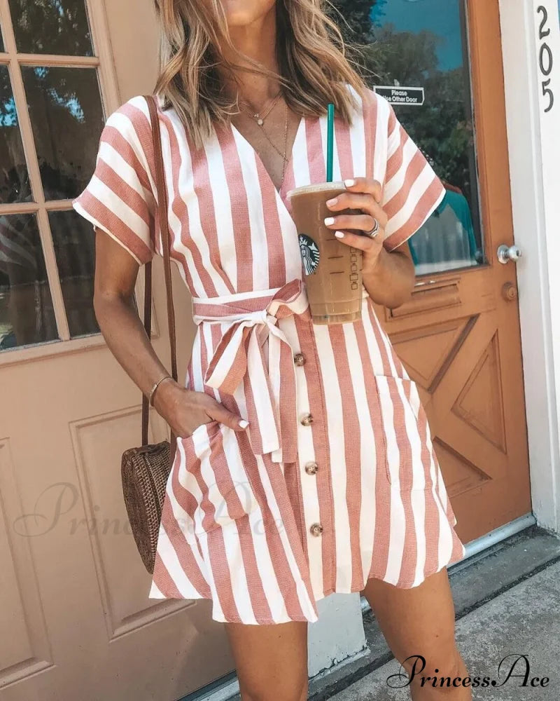 Striped Mini Dress With Short Sleeves S / Pink Dresses