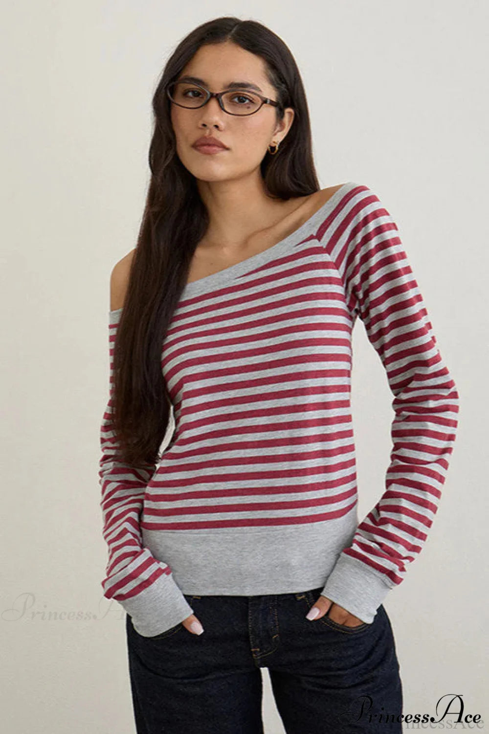 Striped Paneled Asymmetrical Neck Off Shoulder Short Long Sleeve Tee Red / S