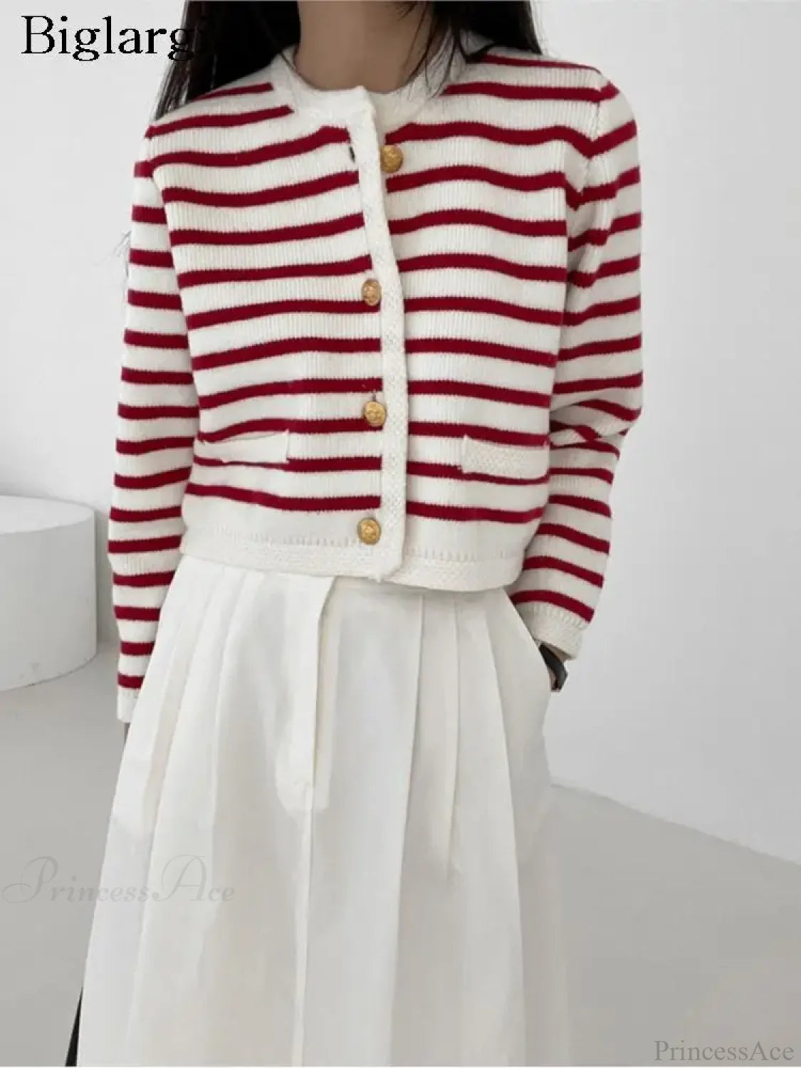 Striped Print Cropped Loose Knit Knit Cardigan cardiagn-250126