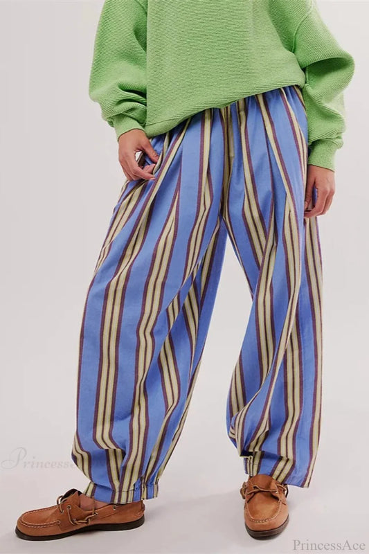 Striped Print Loose Casual Elastic Waist Pant Blue / S pant-250223