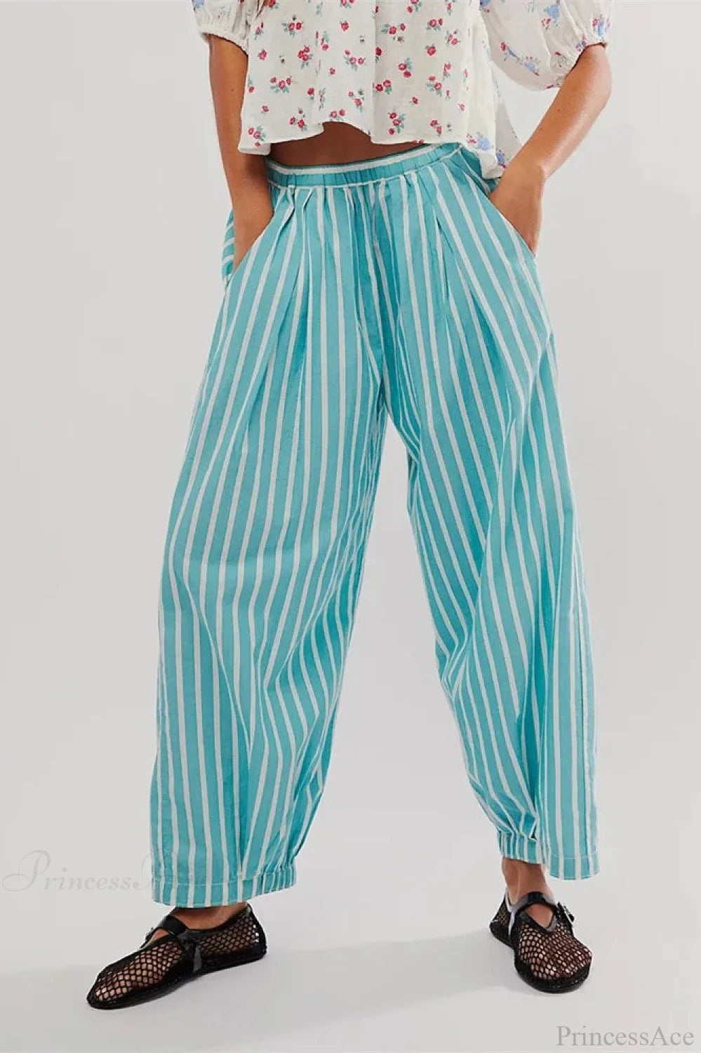 Striped Print Loose Casual Elastic Waist Pant Green / S pant-250223