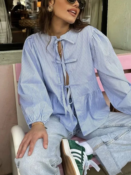 Striped Puff Sleeve Holiday Blouse blouse-250223