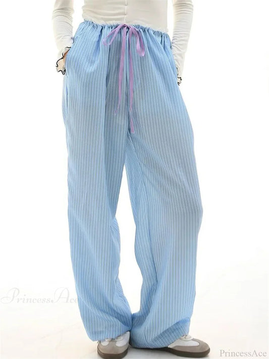 Striped Ruffles Drawstring Elastic Waist Casual Pant BLUE / S pant-250223