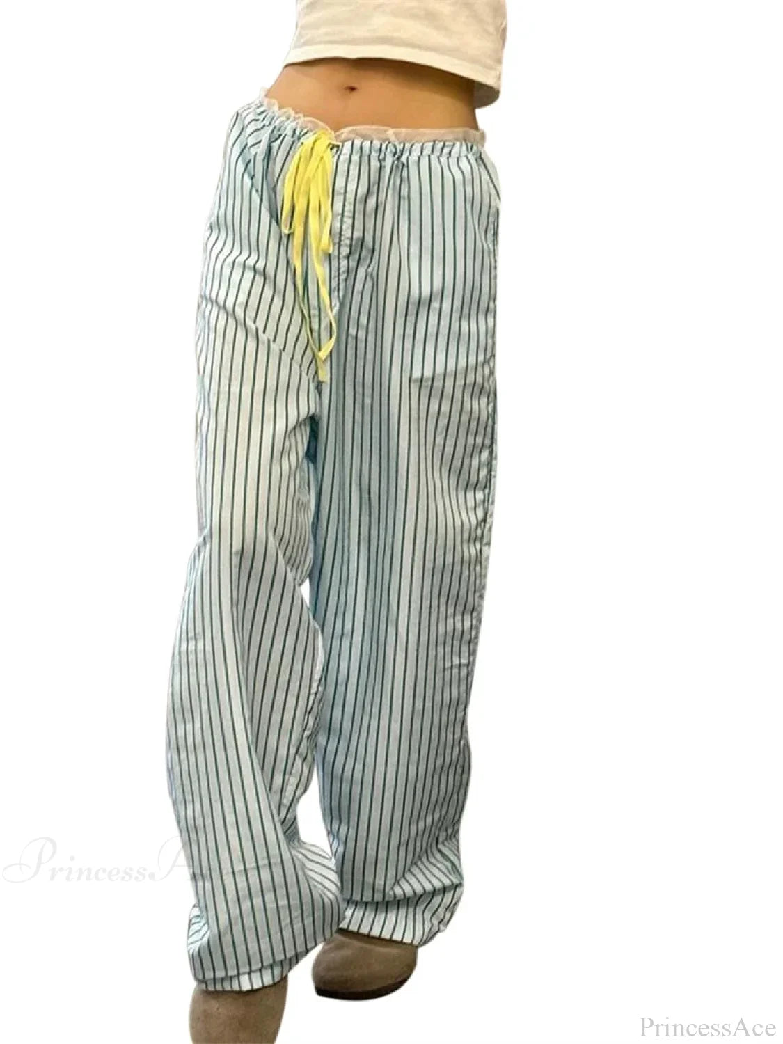 Striped Ruffles Drawstring Elastic Waist Casual Pant GREEN / S pant-250223