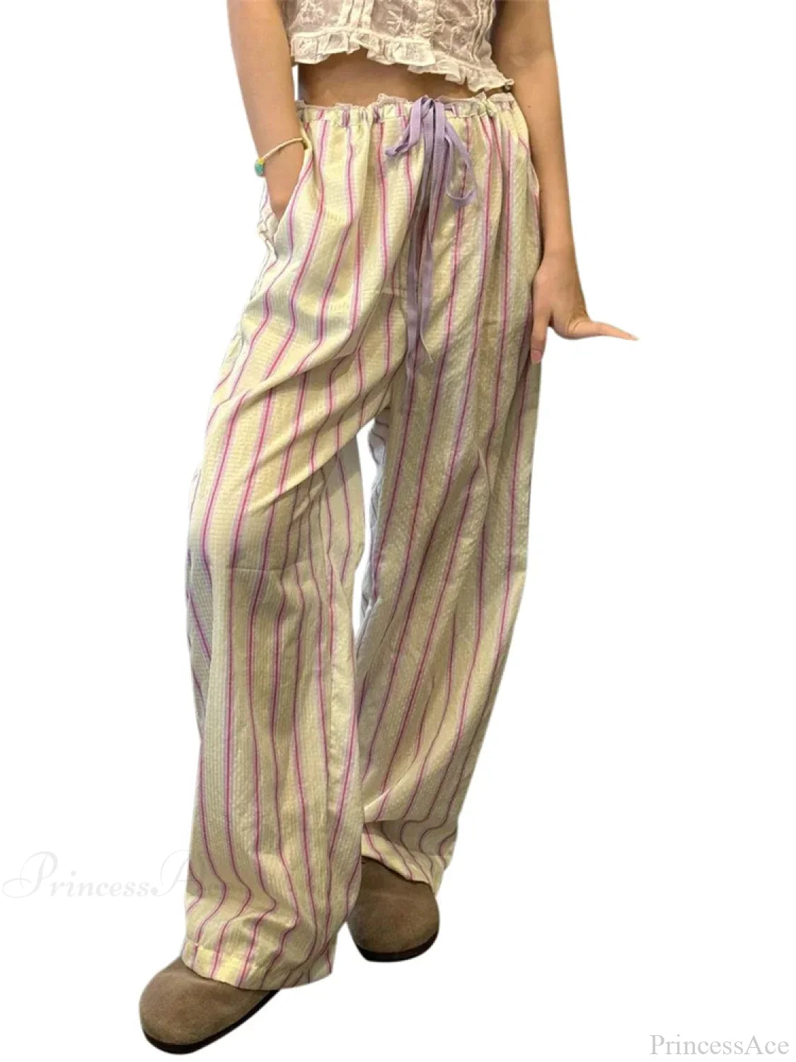 Striped Ruffles Drawstring Elastic Waist Casual Pant YELLOW / S pant-250223
