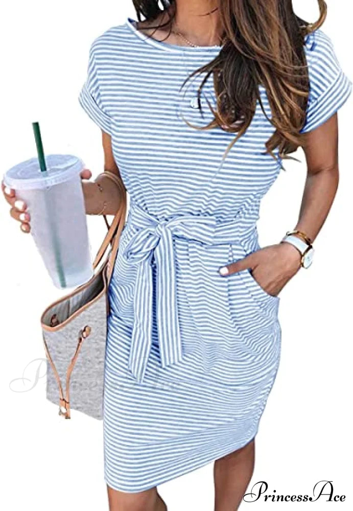 Striped Short Sleeve T Shirt Dress With Tie Waist And Pockets S / Gray Striped Summer Belt Dress