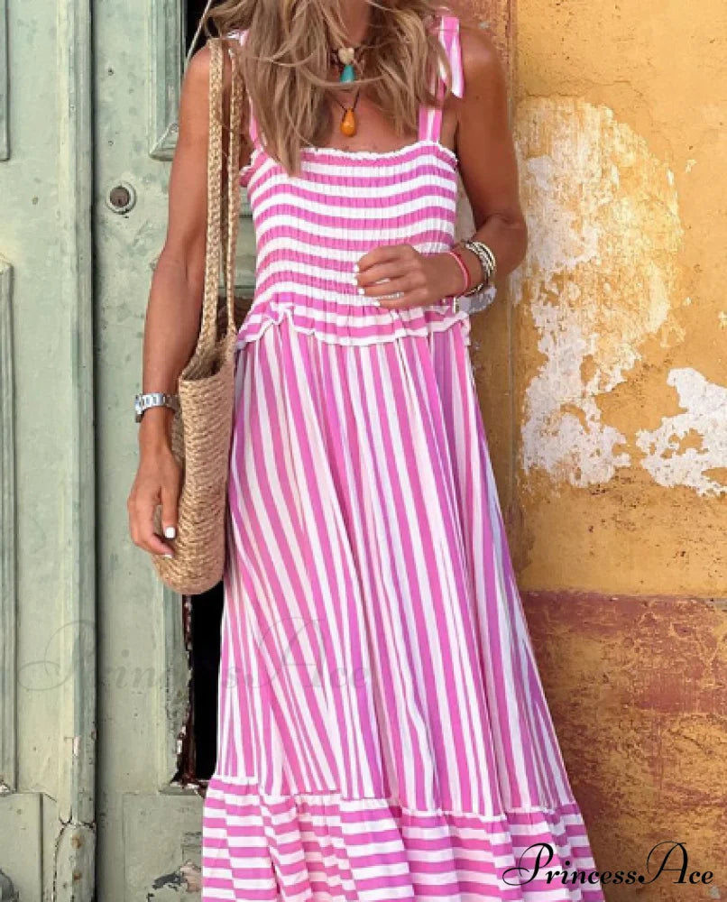 Striped Strap A-Line Maxi Dress M / Pink Striped Maxi Dress