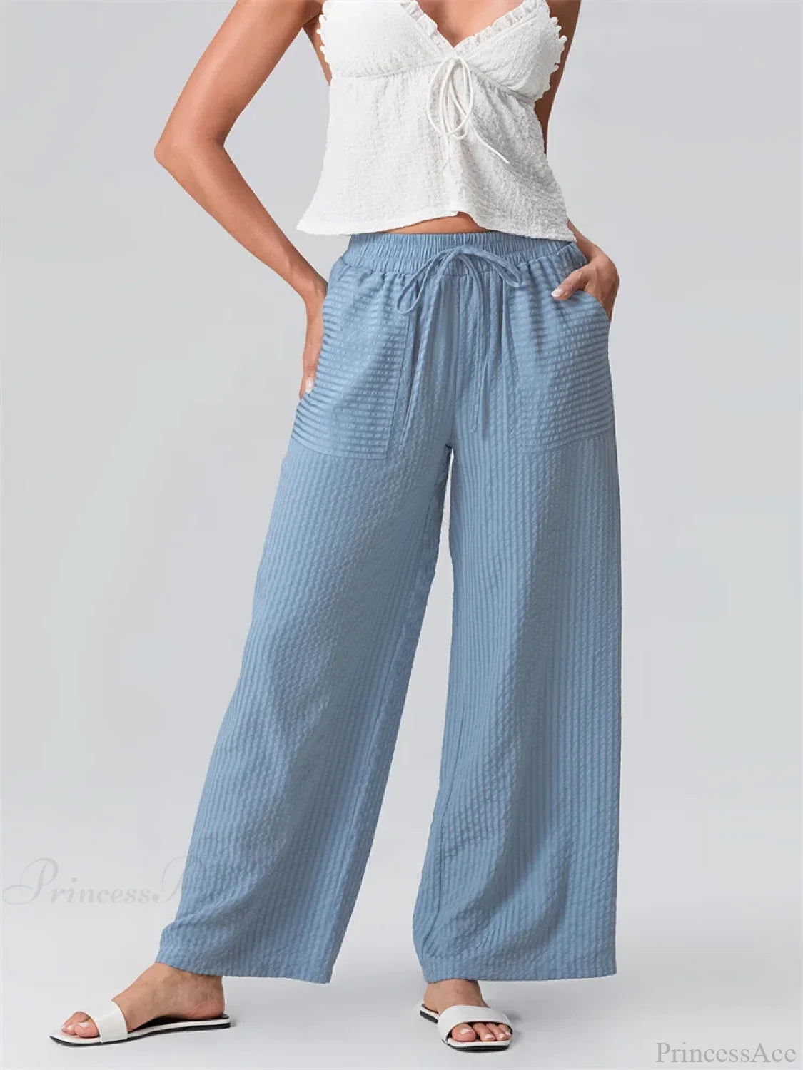 Striped Wide Leg Elastic Waist Loose Street Pant BLUE / S pant-250223