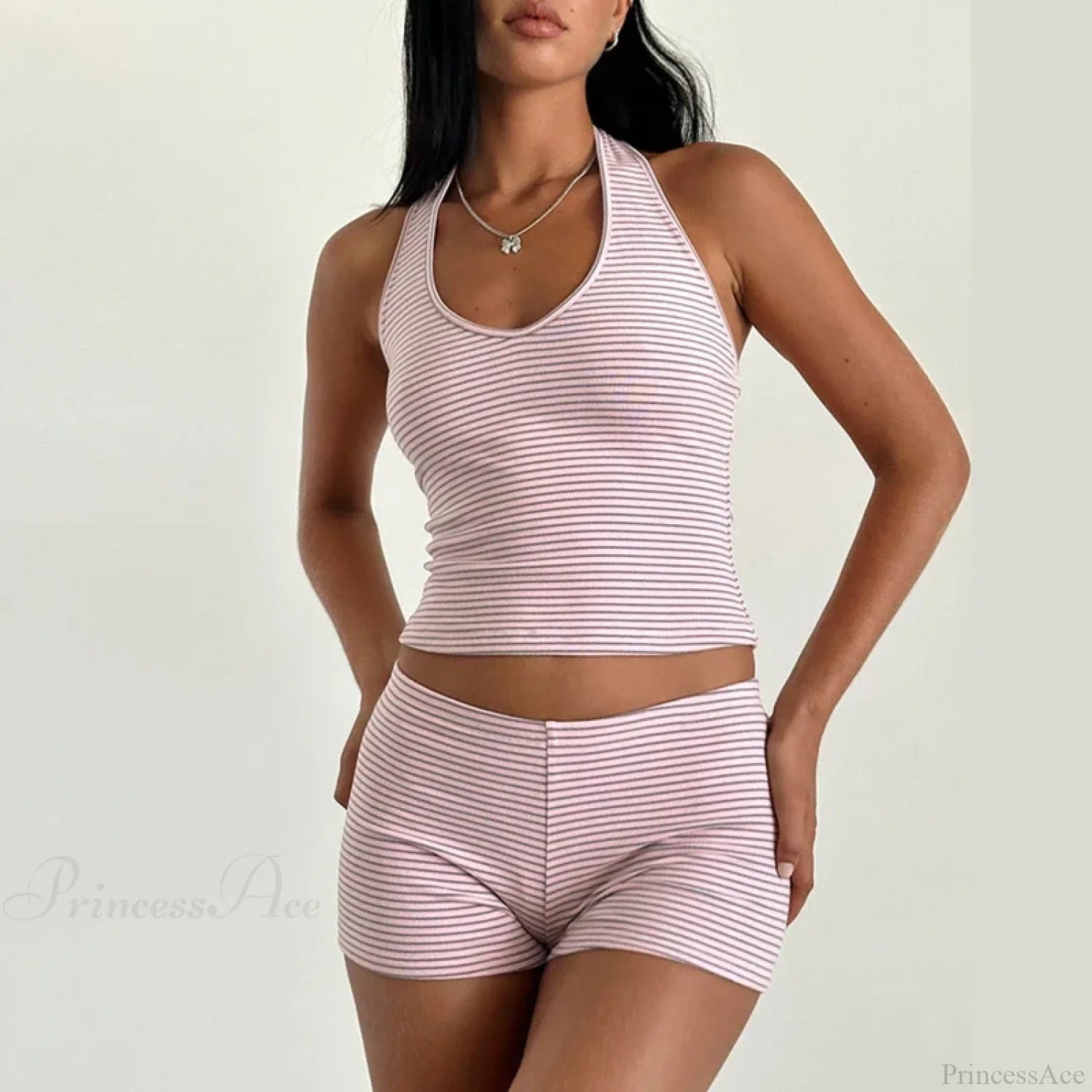 Stripes Print Sleeveless V Neck Halter Crop Low Waist Shorts Two Pieces Set Pink / S twopiecesset-250126
