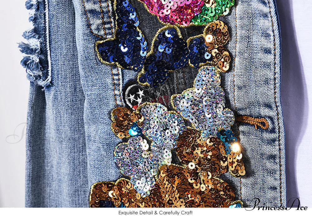Style European Flower Suit Women Jeans Pants Outfit Jacket & Denim Fashion Sequined Set