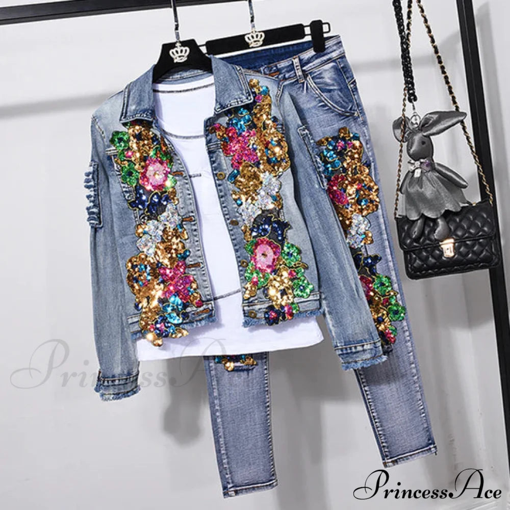 Style European Flower Suit Women Jeans Pants Outfit Jacket & Denim Fashion Sequined Set And Jeans 1