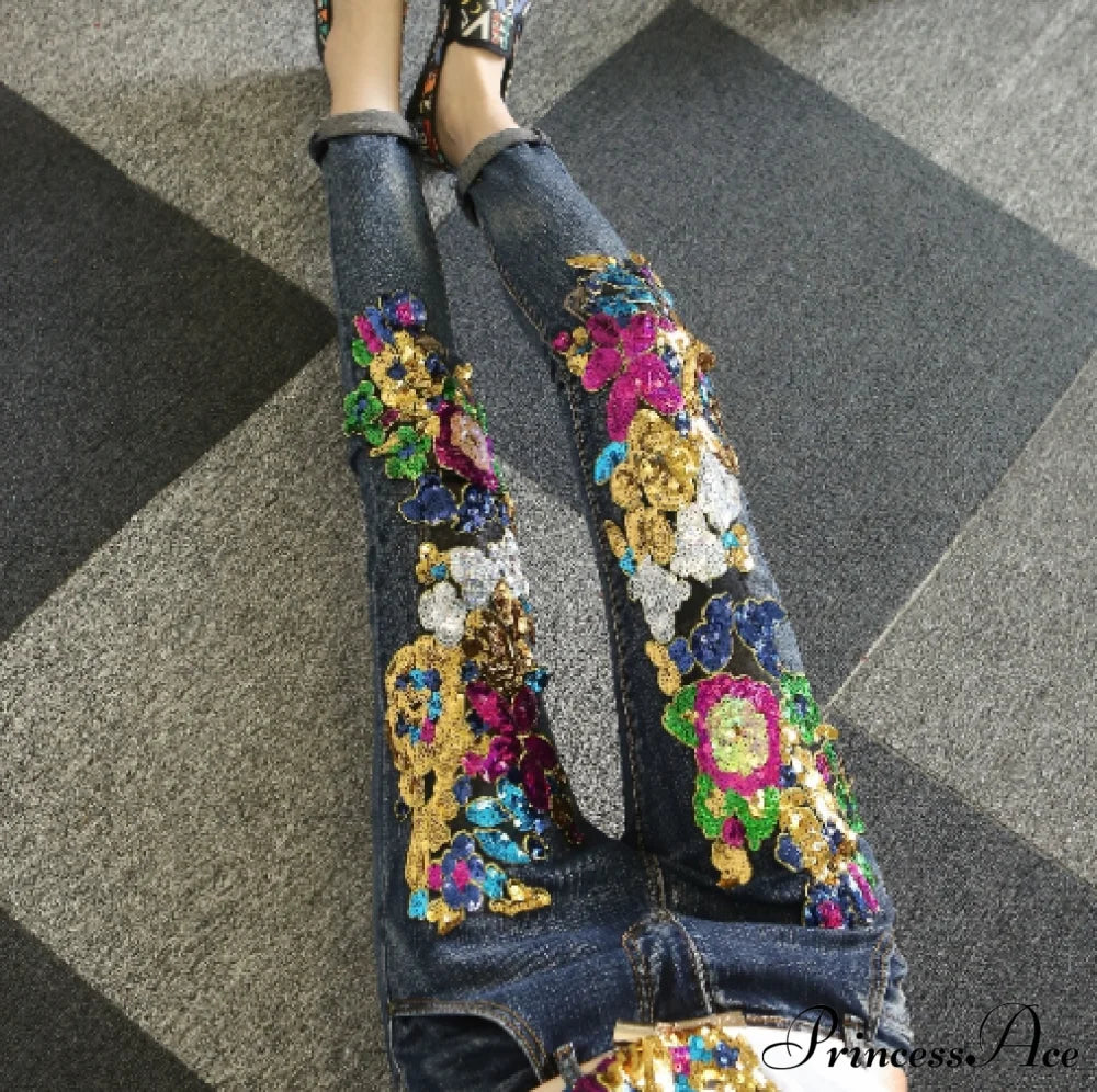 Style European Flower Suit Women Jeans Pants Outfit Jacket & Denim Fashion Sequined Set Dark Blue