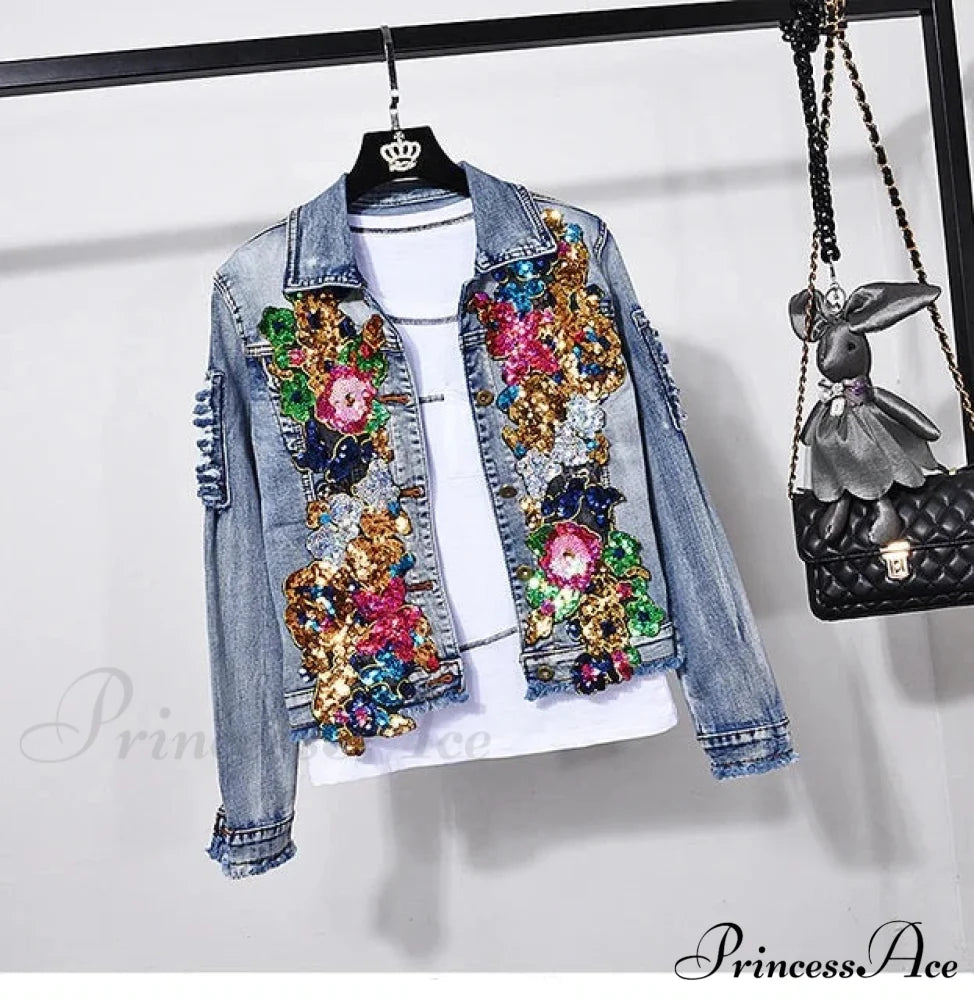 Style European Flower Suit Women Jeans Pants Outfit Jacket & Denim Fashion Sequined Set Only Coat 1