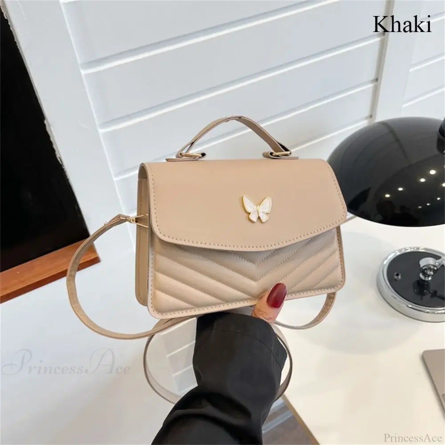 Stylish Butterfly Embroidery PU Leather Handbag khaki handbag-250126
