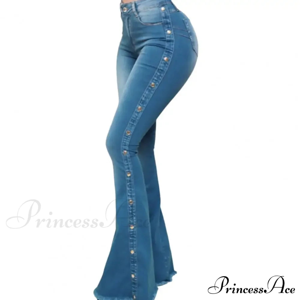 Stylish Flare Control Tummy Skin-Touch Skinny Women Wide Leg Denim Trousers Jeans Blue / S