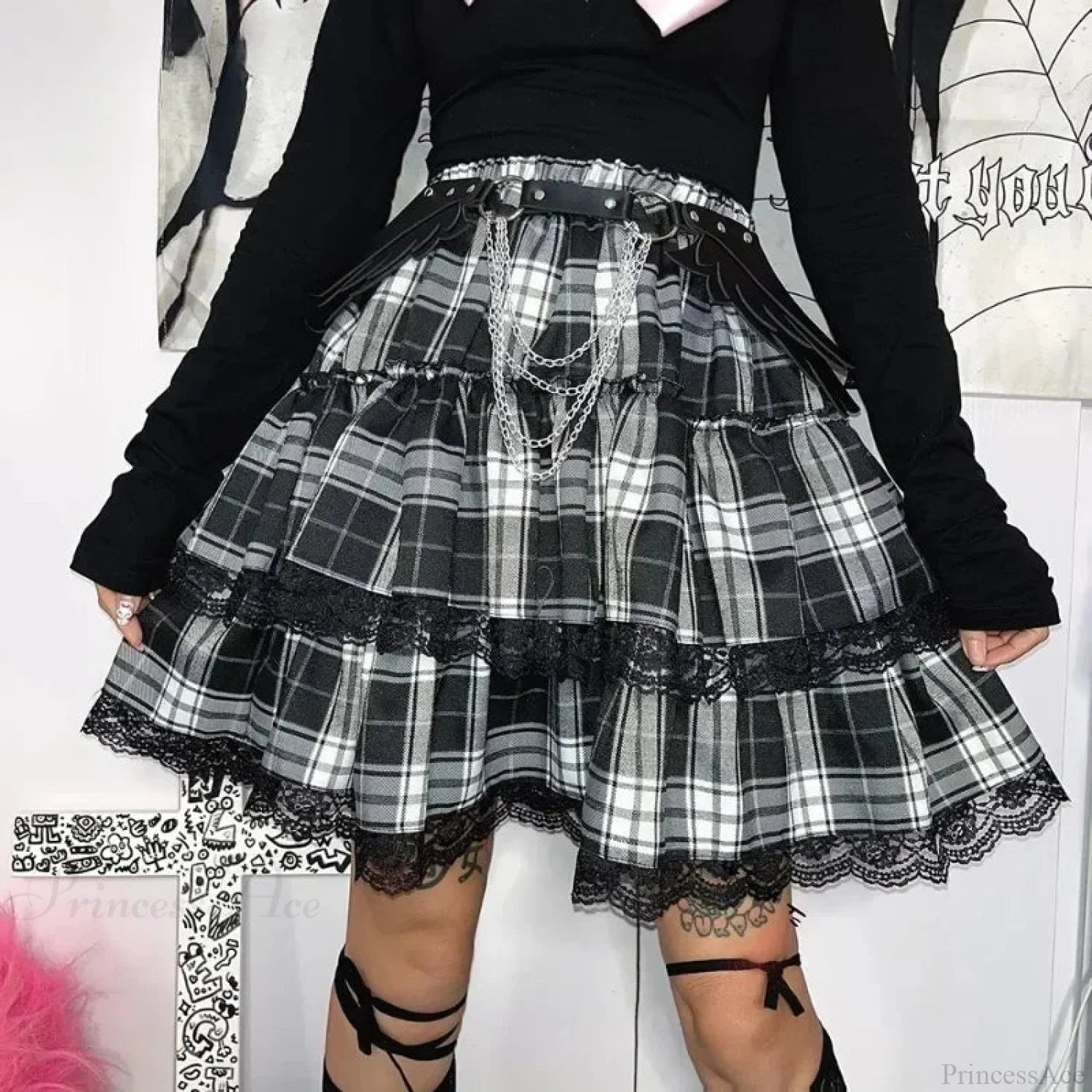Stylish Tartan Patchwork Lace Skirt Black / S