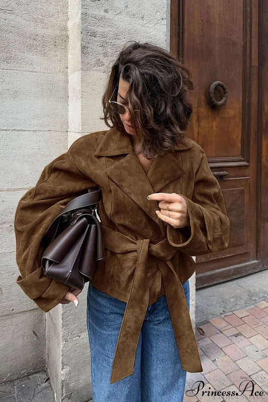 Suede Belted Blazer Collar Elegant Coat Brown / S