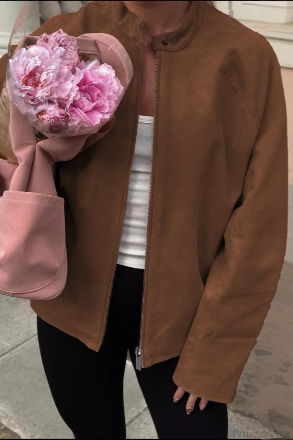 Suede Long Sleeve Elegant Casual Jacket Brown / S