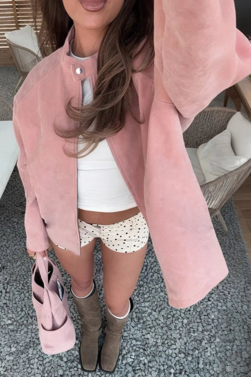 Suede Long Sleeve Elegant Casual Jacket Pink / S