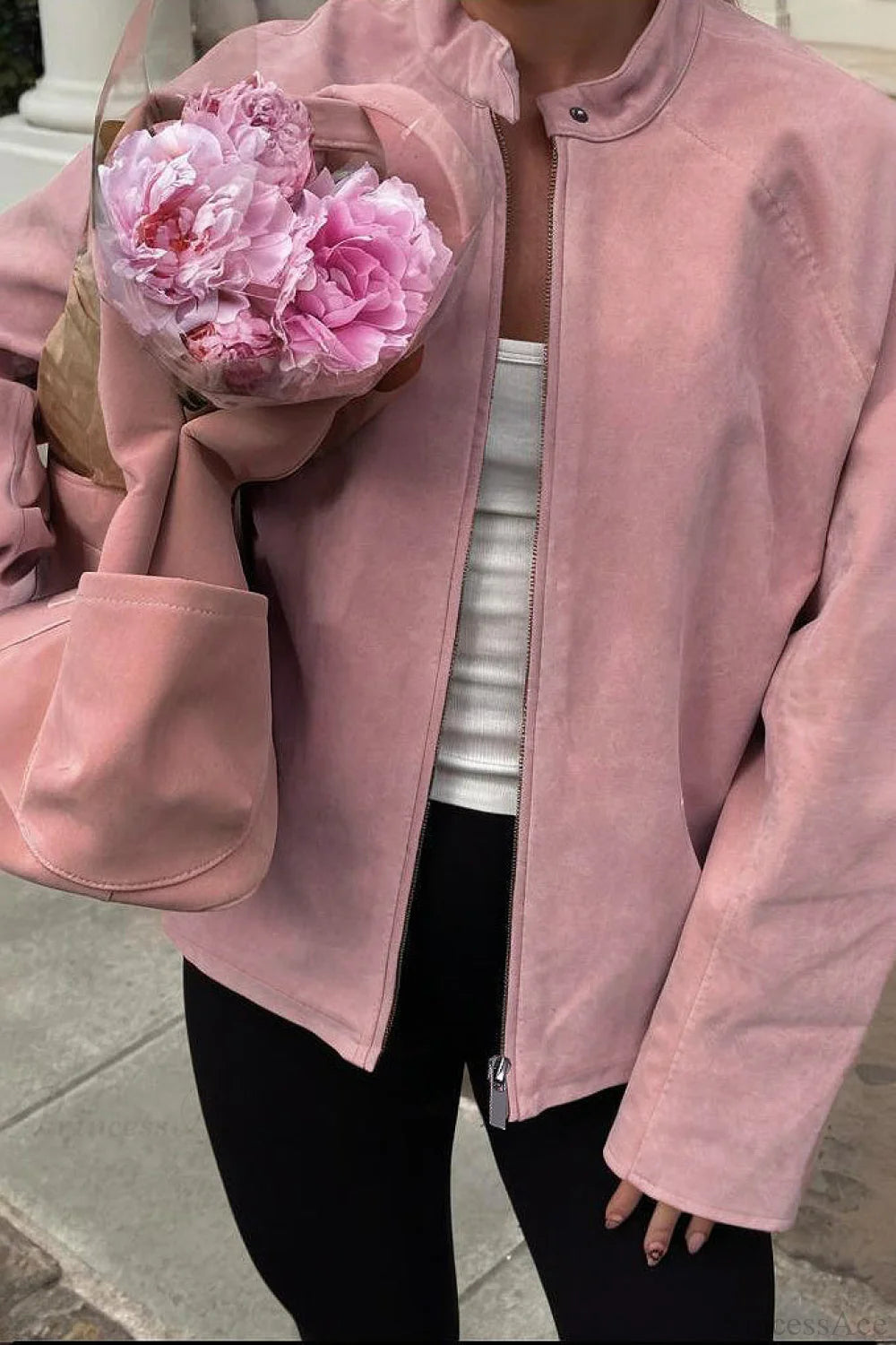 Suede Long Sleeve Solid Elegant Casual Coat Pink / S