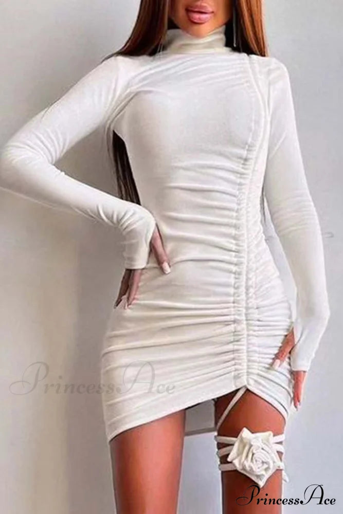 Suede Mock Neck Drawstring Floral Mini Dress White / L Dresses