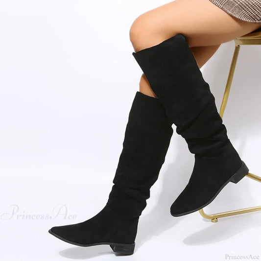 Suede Pointed Toe Knee-High Boots Black / 35
