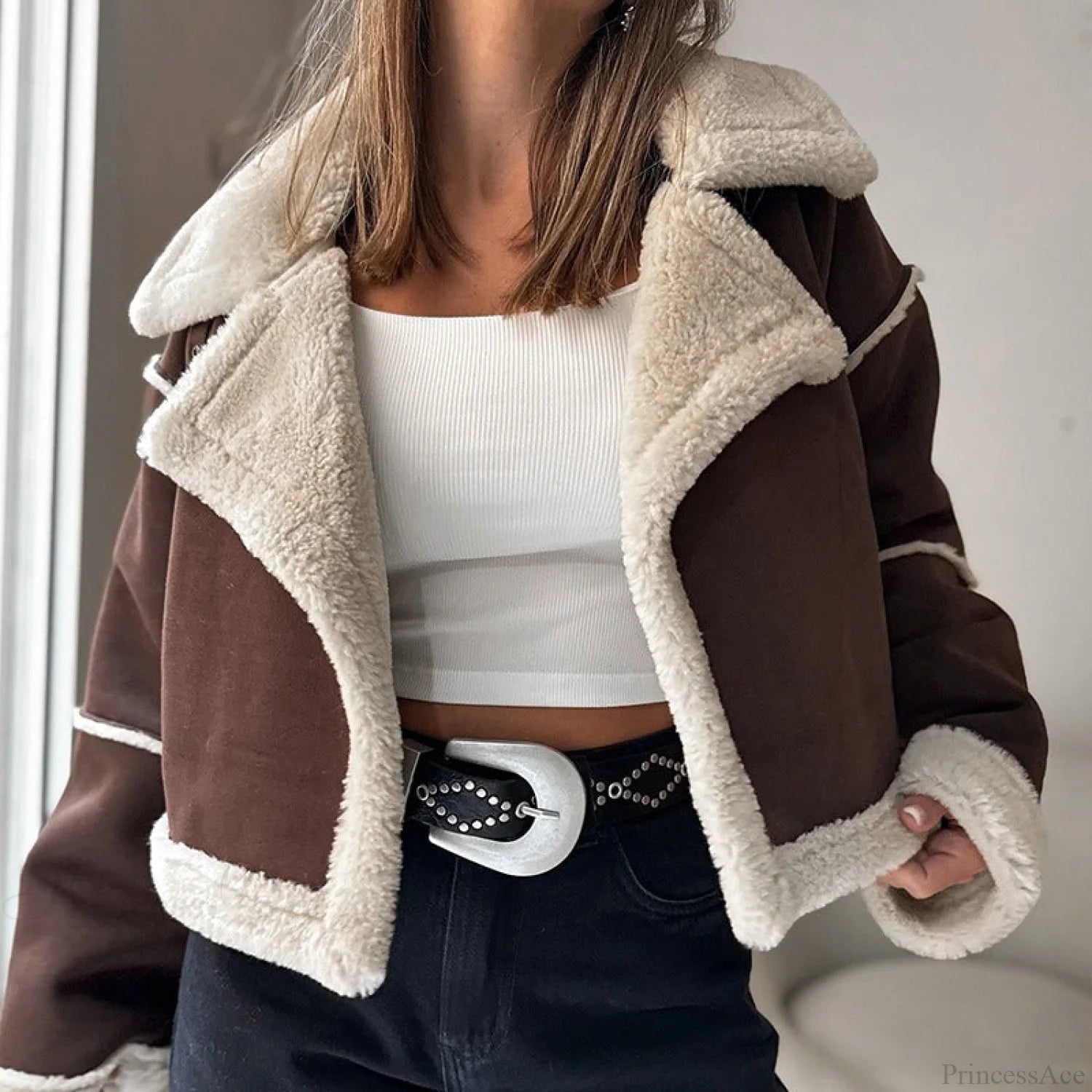 Suede Wide Lapel Cropped Fleece-Lined Long Sleeve Coat