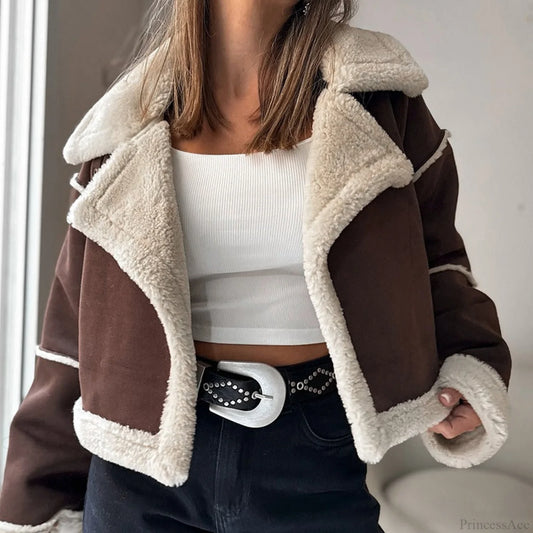 Suede Wide Lapel Cropped Fleece-Lined Long Sleeve Coat