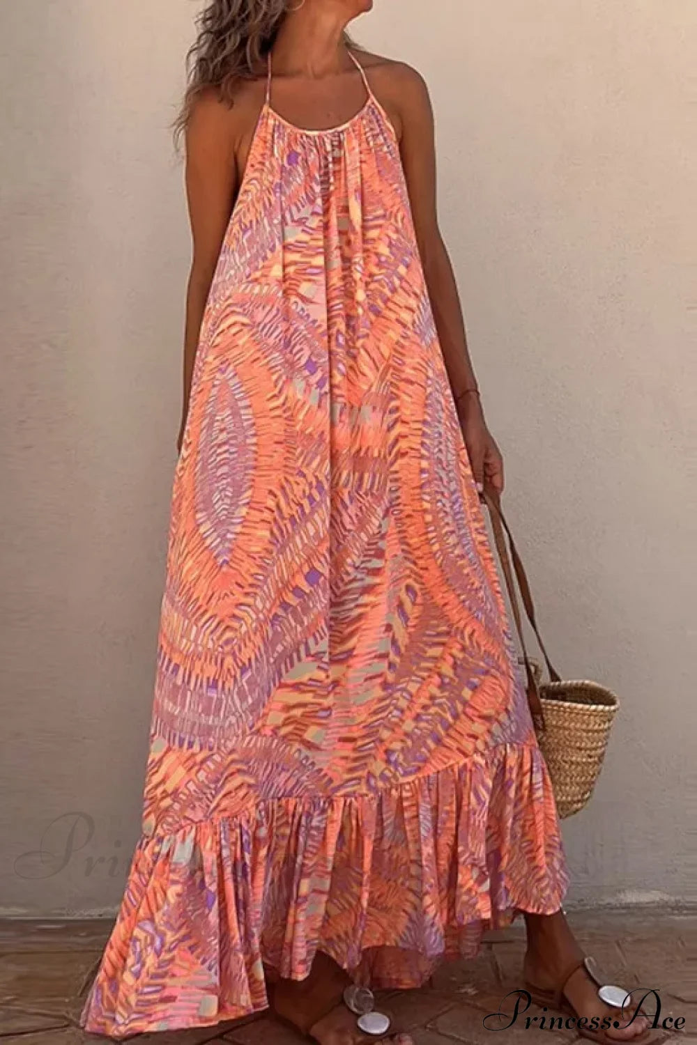 Summer Beach Lady Long Casual Loose Sleeveless Boho Dress Orange / S