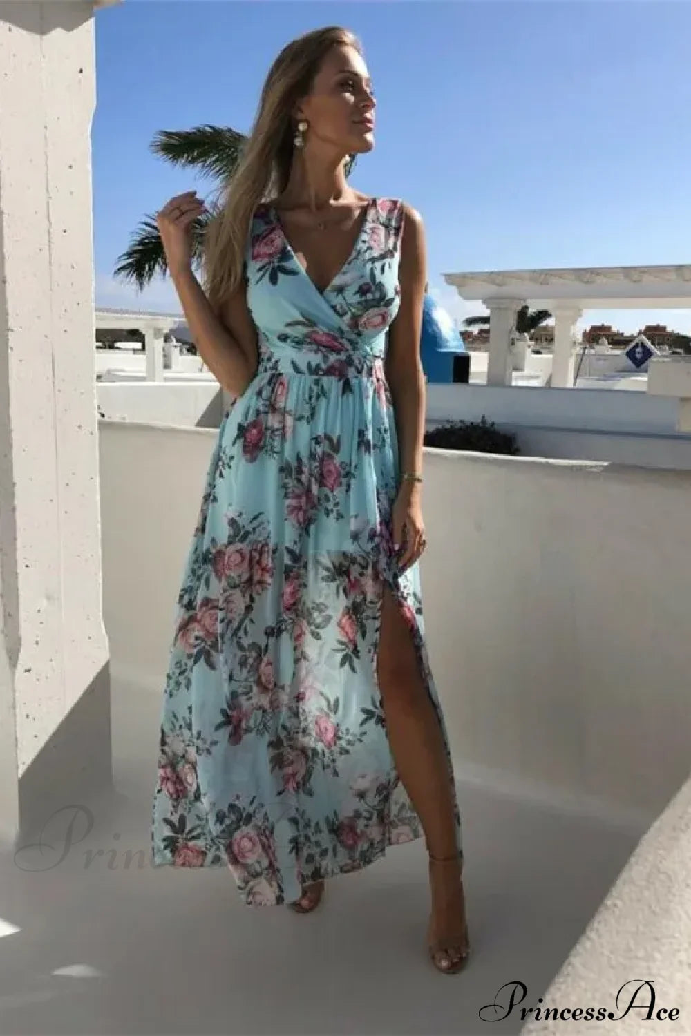 Summer Beach Party Sleeveless V-Neck Floral Long Boho Dress
