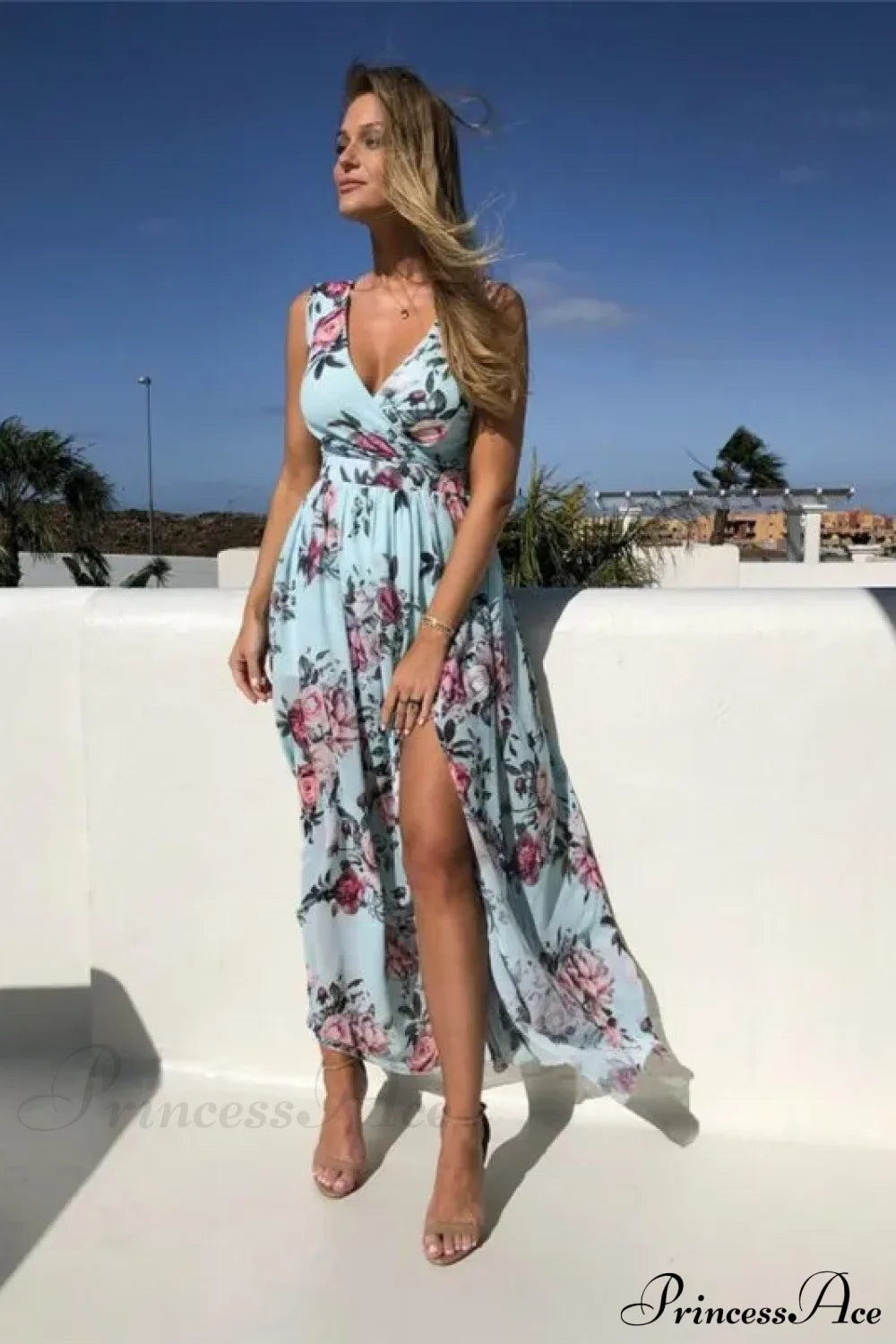 Summer Beach Party Sleeveless V-Neck Floral Long Boho Dress