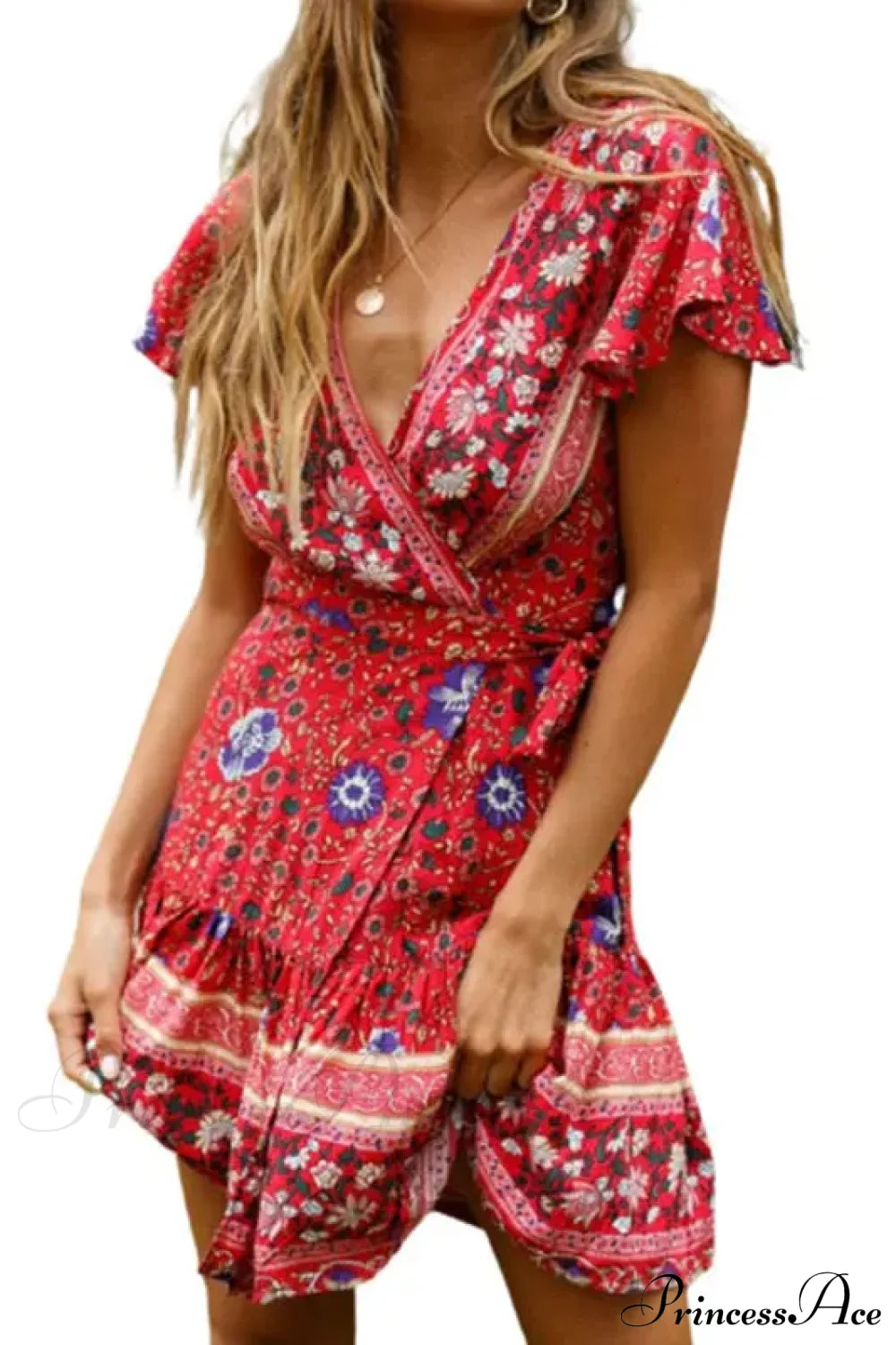 Summer Boho Floral Print Mini Wrap Beach Dress