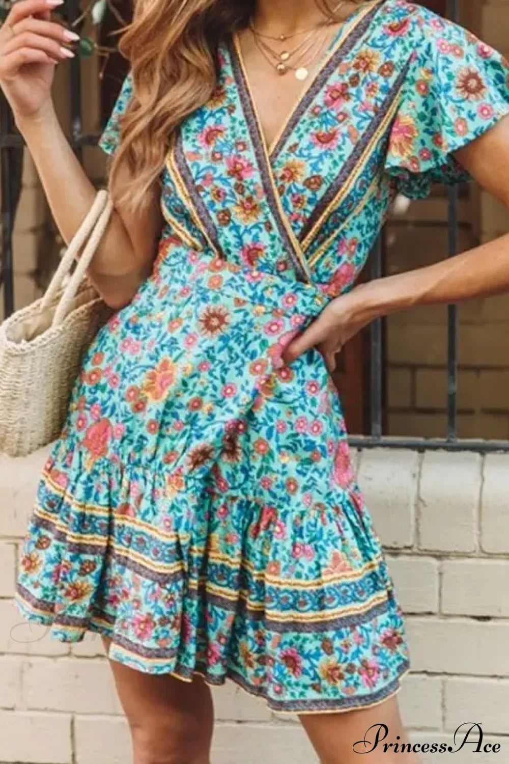 Summer Boho Floral Print Mini Wrap Beach Dress
