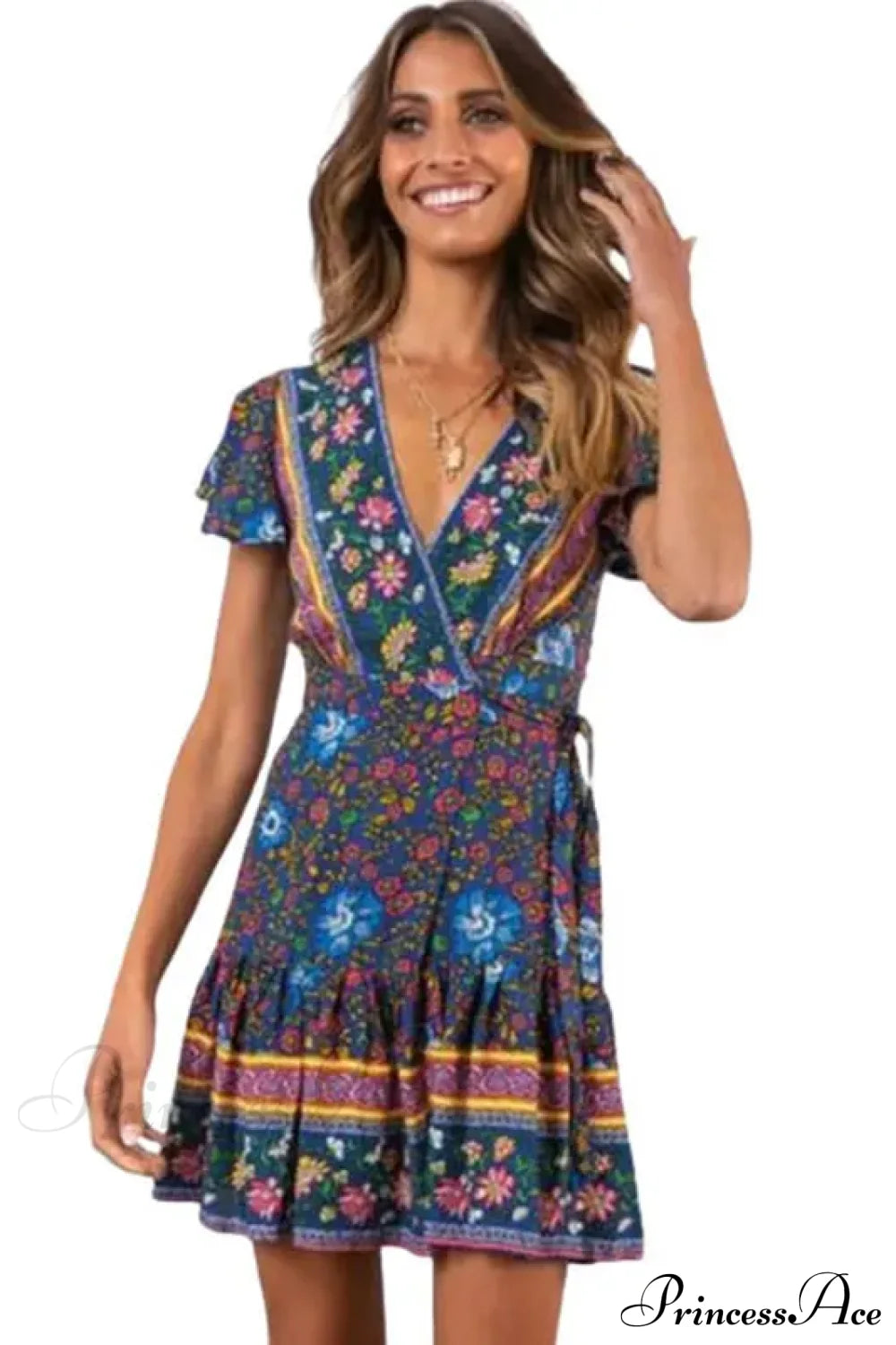 Summer Boho Floral Print Mini Wrap Beach Dress