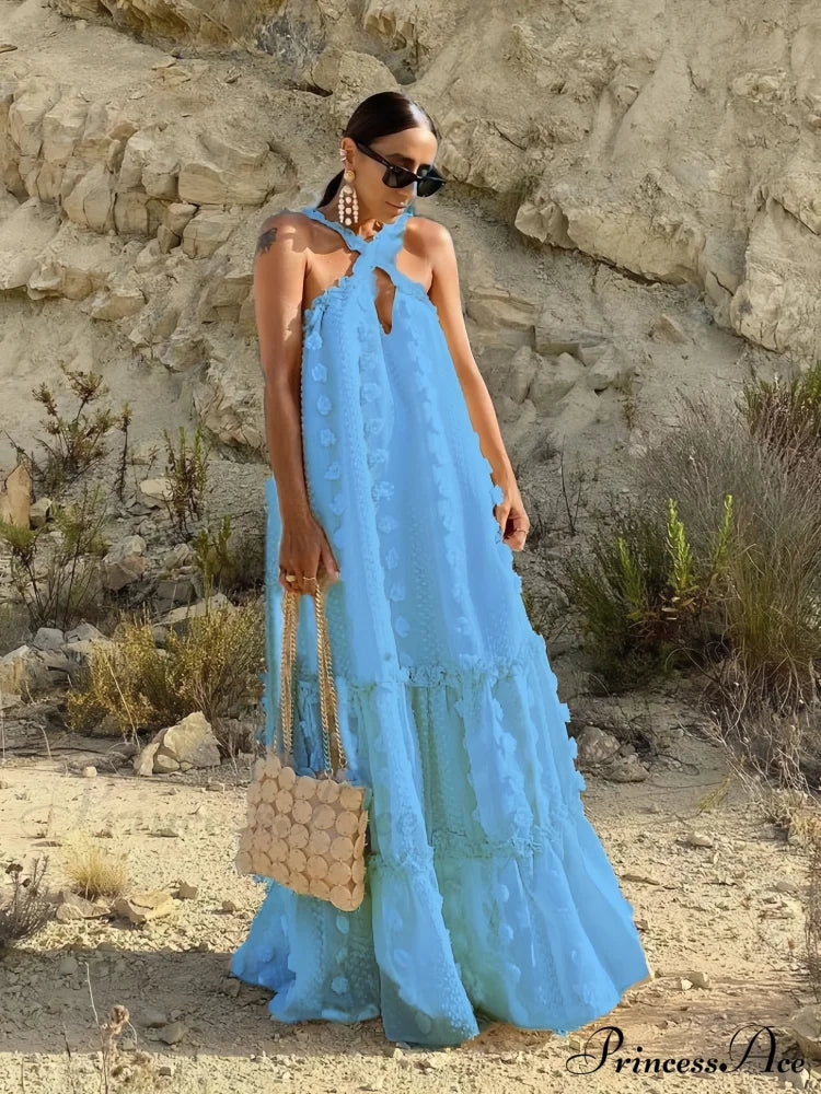 Summer Dress With Halter Flower And Long Ruffles S / Apricot