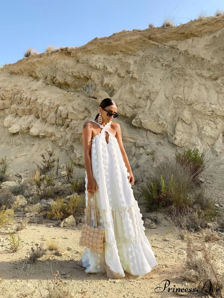 Summer Dress With Halter Flower And Long Ruffles S / Pink