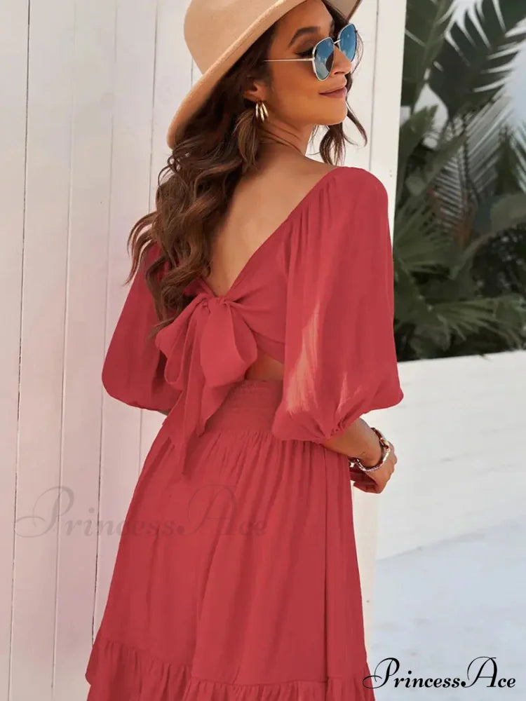 Summer Dress With Lantern Sleeves And Square Neck Ruffle Back S / Black Pink Chiffon Summer Dress