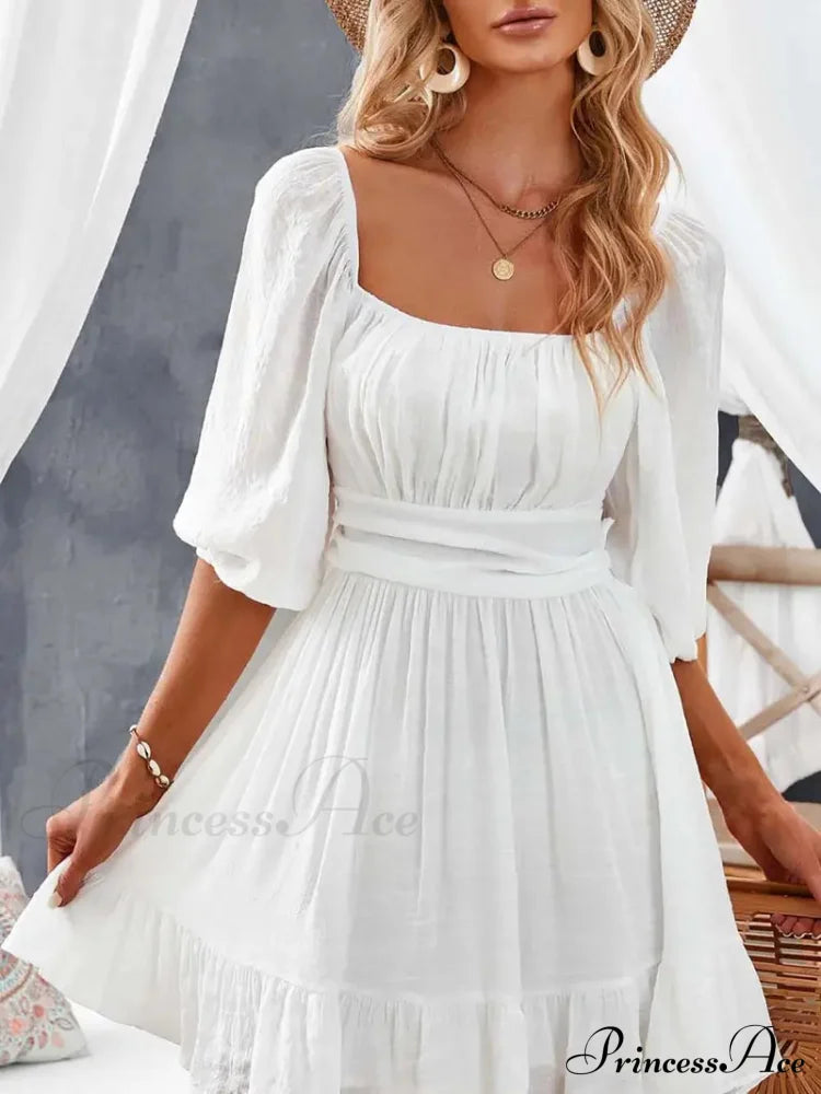 Summer Dress With Lantern Sleeves And Square Neck Ruffle Back S / Blue Pink Chiffon Summer Dress