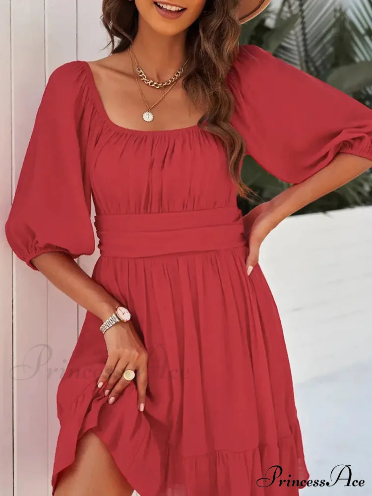 Summer Dress With Lantern Sleeves And Square Neck Ruffle Back S / White Pink Chiffon Summer Dress