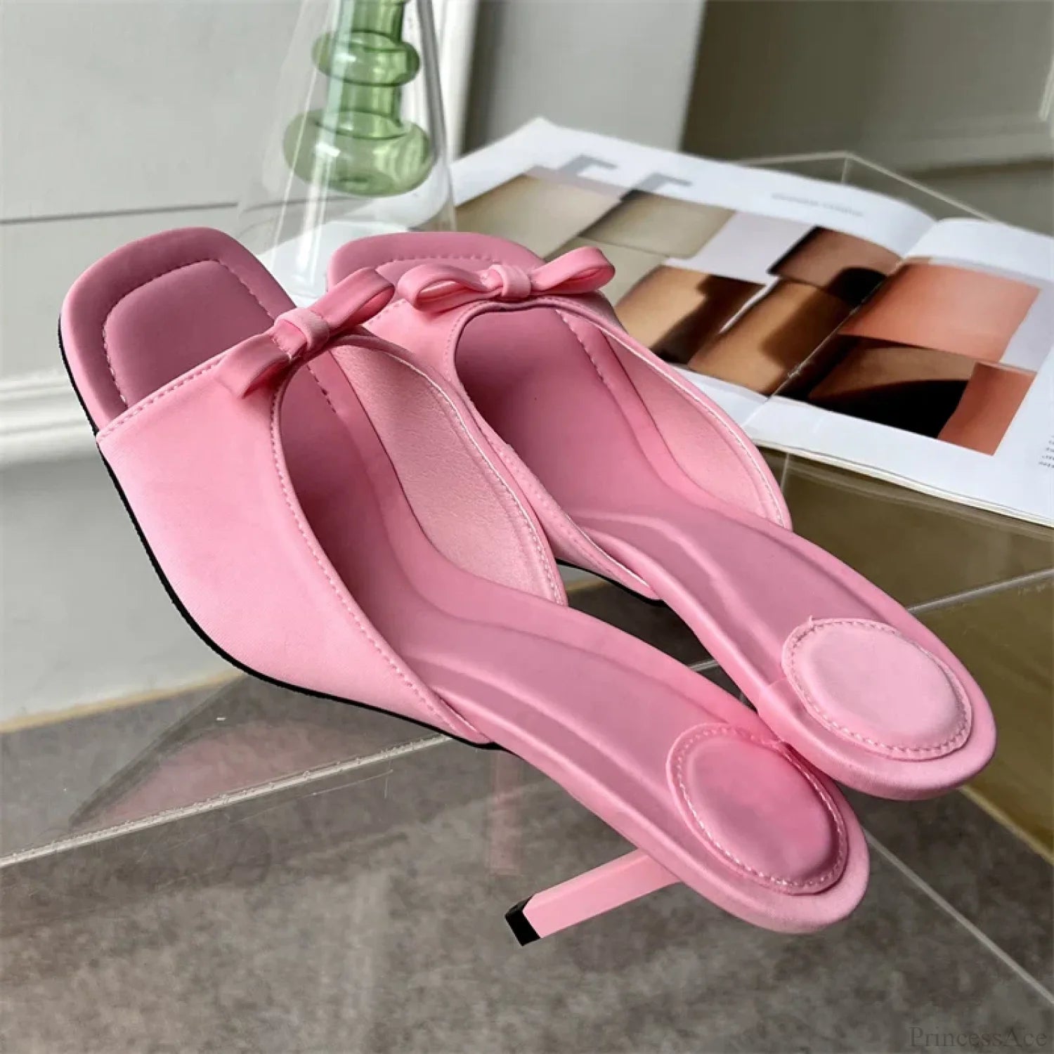 Summer Fashion Butterfly-knot Satin Slip On Thin High Heel Outdoor Dress Low Heel Pump Pink / 35
