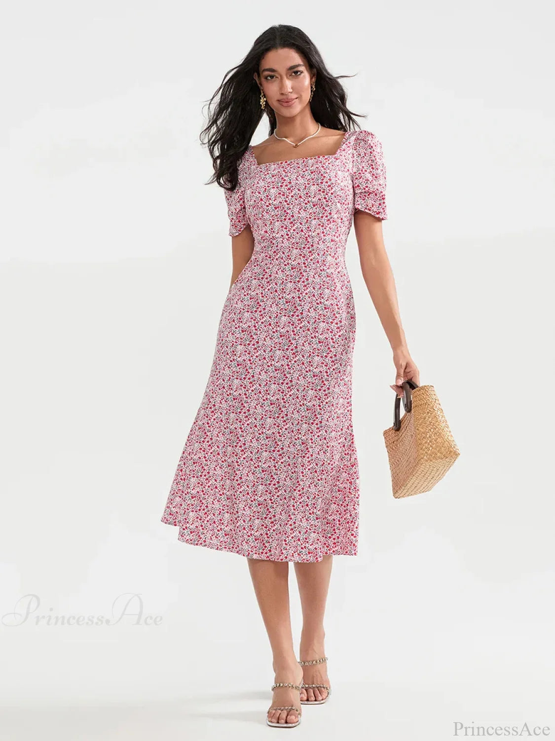Summer Floral Midi Puff Sleeve A-Line Floral Dress PINK / S floraldress-250126